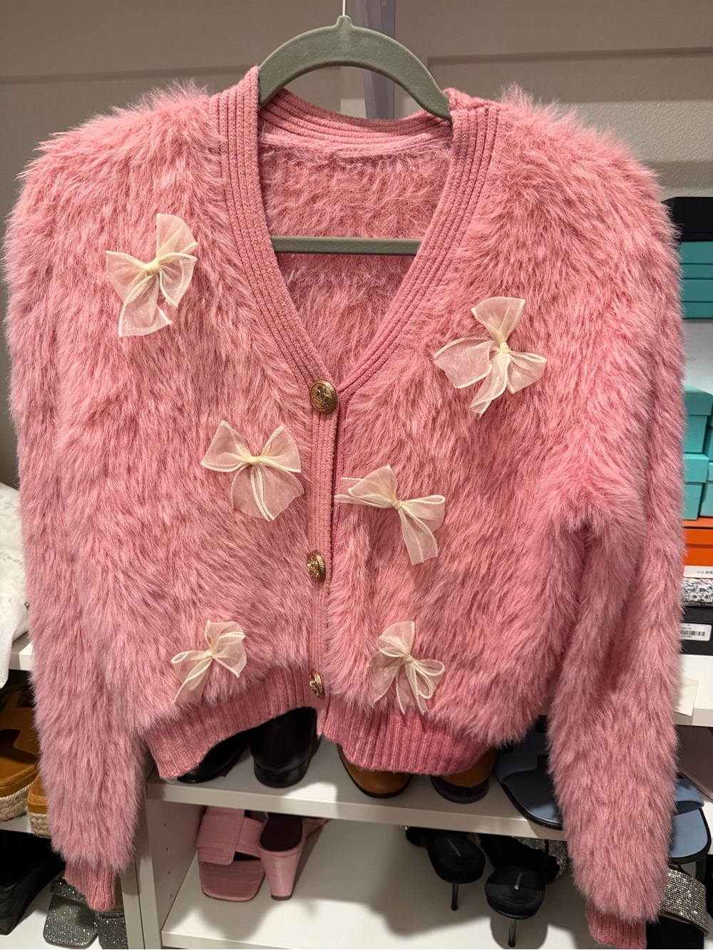 Pink Fuzzy Bow-Appliqué Cardigan Sweater size S/4